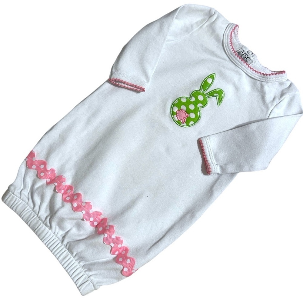 Vintage MSC Baby Gown 0-6M – Easter Bunny, Polka Dot Appliqué, Ruffle Trim